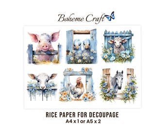 Farm Animal Decoupage Paper: Cockerel Horse Lamb Pig Rice Paper Rustic Farmhouse Decor, Scrapbook, Journals, Card Making  A4/A5