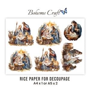 Può includere: Un foglio di carta di riso per decoupage con diverse scene della natività con la Sacra Famiglia, animali e stelle. Il testo Boheme Craft è in alto, e Rice Paper for Decoupage A4 x 1 or A5 x 2 è stampato in basso.
