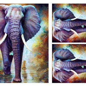 May include: A large elephant with prominent white tusks and wrinkled gray skin is depicted in a vibrant, abstract painting. The background features swirling, colorful brushstrokes in shades of orange, yellow, blue, and purple, creating a dynamic effect.