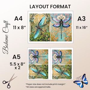 May include: A layout format guide for dragonfly art prints labeled Boheme Craft. It displays A4 11 x 8 inch, A3 11 x 16 inch, and A5 5.5 x 8 inch sizes. The images feature blue and purple dragonflies with intricate gold and floral backgrounds.