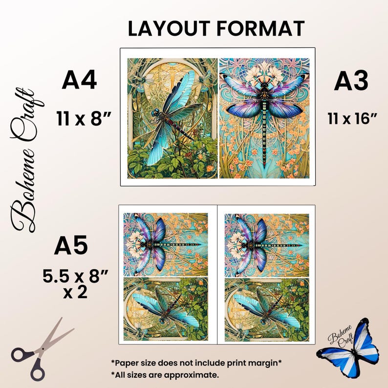May include: A layout format guide for dragonfly art prints labeled Boheme Craft. It displays A4 11 x 8 inch, A3 11 x 16 inch, and A5 5.5 x 8 inch sizes. The images feature blue and purple dragonflies with intricate gold and floral backgrounds.