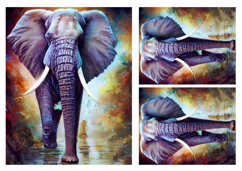 May include: A large elephant with prominent white tusks and wrinkled gray skin is depicted in a vibrant, abstract painting. The background features swirling, colorful brushstrokes in shades of orange, yellow, blue, and purple, creating a dynamic effect.