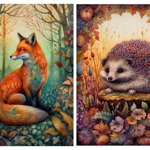 May include: A set of two illustrations featuring a fox with orange fur and teal patterns sitting in a forest, and a hedgehog with multicolored spines perched on a tree stump surrounded by autumn leaves and various plants in warm tones.