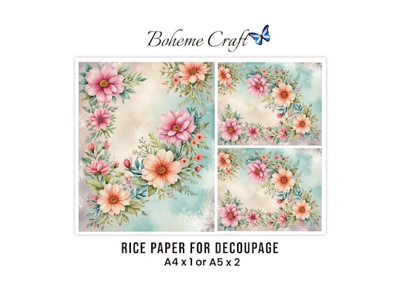 Cottage Garden Floral Rice Paper Pink Watercolor Shabby Chic Decoupage Tissue Scrapbook Journal A4/A5