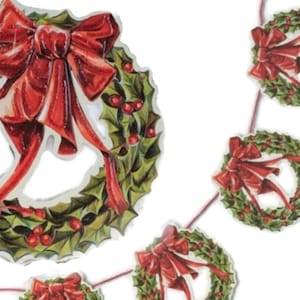 Paper Scrap Die Cut Relief, Christmas Wreath With Glitter, Vintage Victorian Style Wall Garland, Mamelok