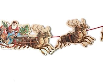 Paper Scrap Die Cut Relief, Christmas Santa and Reindeer, Vintage Victorian Style Wall Garland, Mamelok