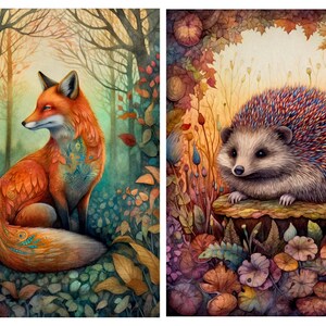 May include: A set of two illustrations featuring a fox with orange fur and teal patterns sitting in a forest, and a hedgehog with multicolored spines perched on a tree stump surrounded by autumn leaves and various plants in warm tones.