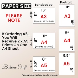 May include: A paper size reference chart with black text on a light background. It displays landscape and portrait dimensions in inches for A3, A4, and A5 sizes. It includes notes about A5 orders and the Boheme Craft logo. Sizes do not include border margin.