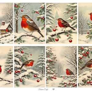 May include: A collection of eight winter-themed illustrations featuring European robins with orange-red breasts perched on snow-covered branches, holly berries, and pine trees, with some scenes including red ornaments and a small cottage in the snow.
