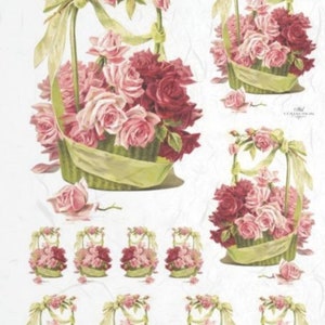Vintage różowe róże w dekoracyjnych koszach kwiatowych papier ryżowy do decoupage, scrapbookingu, tworzenia kartek, dekoracyjnego papieru, R0224