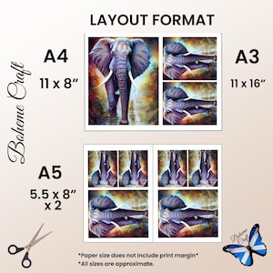 May include: A layout format guide for elephant artwork prints featuring A4 11x8 inch, A3 11x16 inch, and A5 5.5x8 inch sizes. The graphic displays multiple elephant images, text labels for paper sizes, a pair of scissors, and a butterfly illustration.
