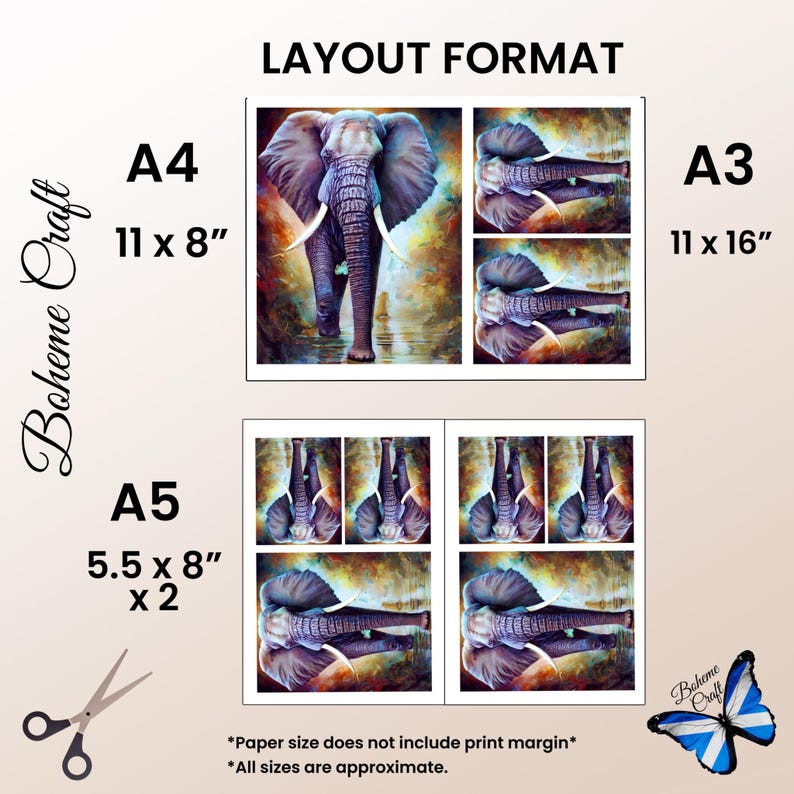 May include: A layout format guide for elephant artwork prints featuring A4 11x8 inch, A3 11x16 inch, and A5 5.5x8 inch sizes. The graphic displays multiple elephant images, text labels for paper sizes, a pair of scissors, and a butterfly illustration.
