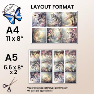 May include: A digital layout format sheet featuring wolf and floral illustrations. The A4 section measures 11 by 8 inches, while the A5 section includes two 5.5 by 8 inch layouts. The design includes a butterfly logo with the text Boheme Craft.