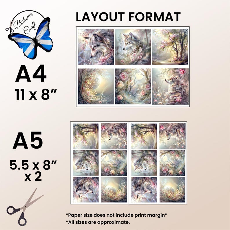 May include: A digital layout format sheet featuring wolf and floral illustrations. The A4 section measures 11 by 8 inches, while the A5 section includes two 5.5 by 8 inch layouts. The design includes a butterfly logo with the text Boheme Craft.