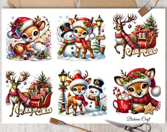 Vintage Christmas Rice Paper: Retro Snowmen & Deer Decoupage