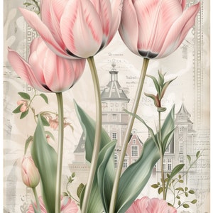 Carta di riso floreale per decoupage / Tulipani rosa / Scrapbooking / Creazione di biglietti / Ephemera / Giornale / A4 immagine 5