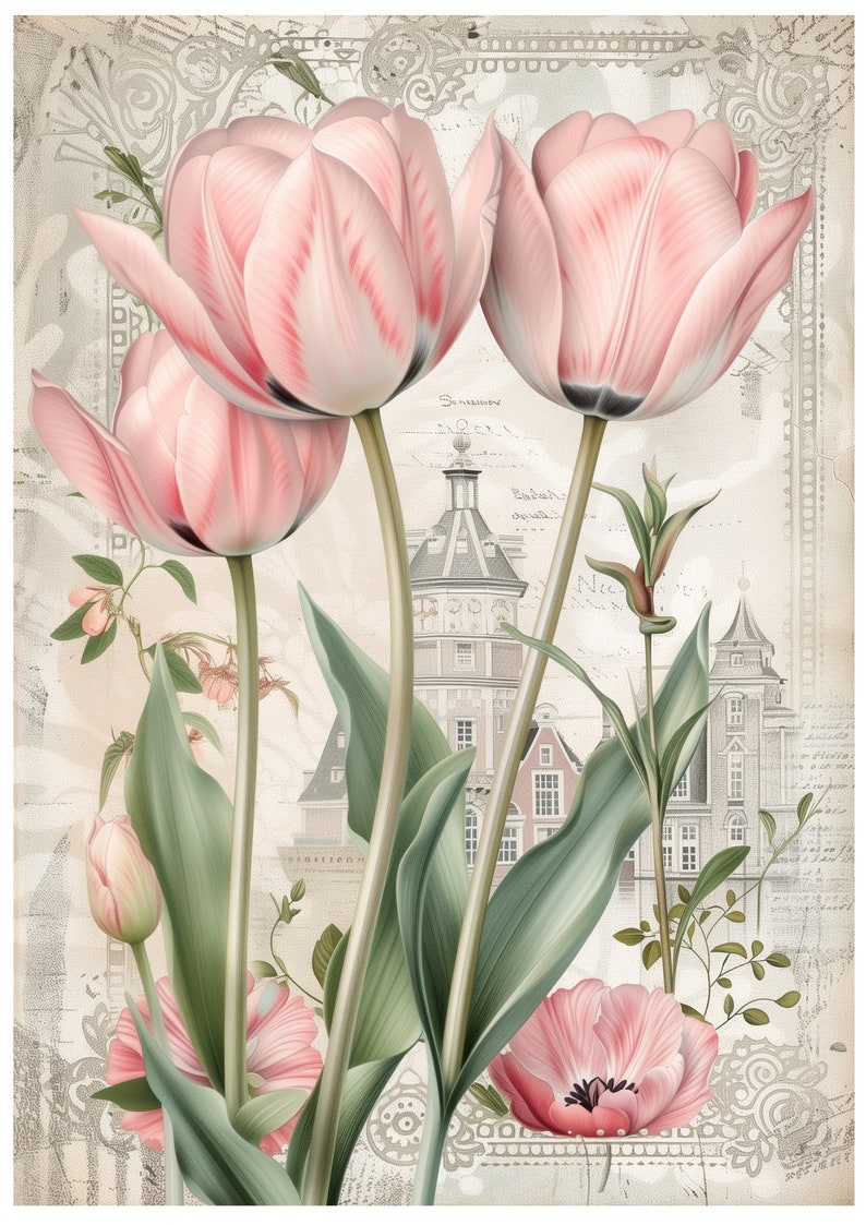 Carta di riso floreale per decoupage / Tulipani rosa / Scrapbooking / Creazione di biglietti / Ephemera / Giornale / A4 immagine 5