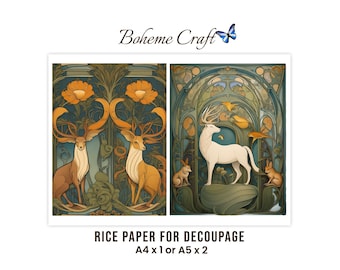 Boho Decoupage Paper, Vintage Art Nouveau Stag Print,  Retro Rice Paper Collage, Furniture Decoration, Scrapbook Journal Page