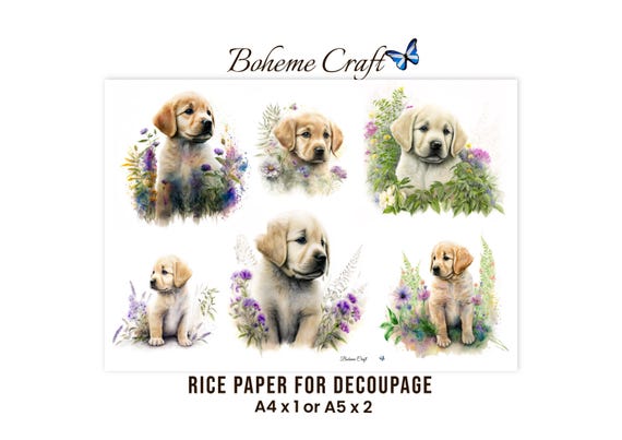 Dog Illustration Decoupage Paper,A4 A5 Labrador Golden Retriever Dog Art Wildflower Rice Paper Print
