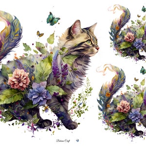 Pu&ograve; includere: Un'illustrazione digitale raffigurante tre gatti tigrati adornati con vivaci motivi floreali, foglie verdi e farfalle colorate. I gatti hanno code lunghe e fluide con texture simili a piume. Il testo "Boheme Craft" appare in basso.