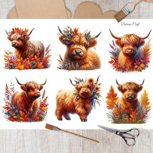 Highland Cow Rice Paper for Decoupage: Autumn Flowers Collage (A4 Sheet)