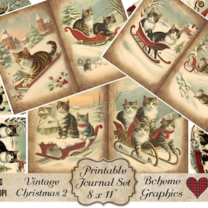 Printable Vintage Christmas Cats Journal Euphemera Set For Decoupage, Junk Journal, Card Making, Scrapbooking And Decorative Paper Crafts
