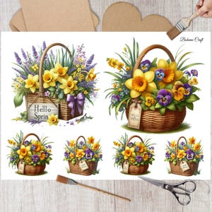 Carta di riso per decoupage, foglio collage di cestini di fiori primaverili ad acquerello, stampa di narcisi, creazione di biglietti, artigianato decorativo in carta, decorazioni fai da te