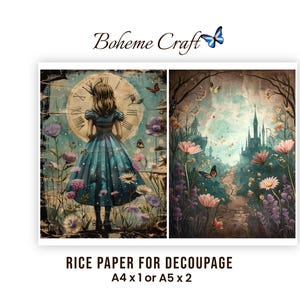 Rispapper för decoupage, Sagolik Alice i Underlandet, A4/A5 DIY-pyssel, Dagböcker