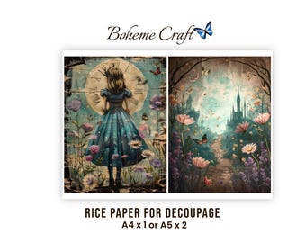 Puede incluir: Dos hojas de papel de arroz para decoupage con ilustraciones de fantasía. Una muestra una figura con vestido azul ante un gran reloj, la otra un camino a un castillo con flores. Texto: Boheme Craft, Rice Paper for Decoupage, A4 x 1 o A5 x 2.