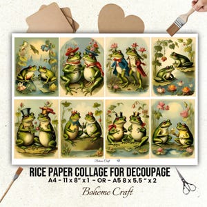 May include: A sheet of rice paper collage for decoupage featuring eight distinct illustrations of anthropomorphic frogs in various settings, with text reading RICE PAPER COLLAGE FOR DECOUPAGE, A4 - 11 x 8 inches x 1 - OR - A5 8 x 5.5 inches x 2.