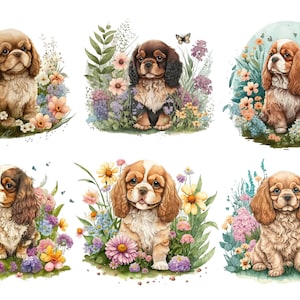 Op de afbeelding: Zes illustraties van Cavalier King Charles Spaniel-puppies die in een bloemenveld zitten. De puppies zijn bruin, zwart en wit. De bloemen zijn roze, paars, geel en blauw.