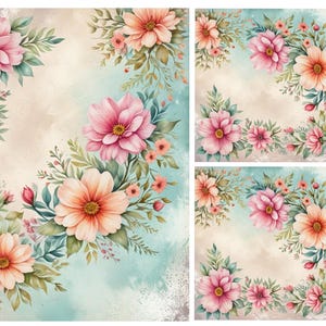 May include: A digital collage featuring a watercolor floral design with pink and peach flowers, green leaves, and a light blue background. The design is repeated in four different sizes, creating a pattern.