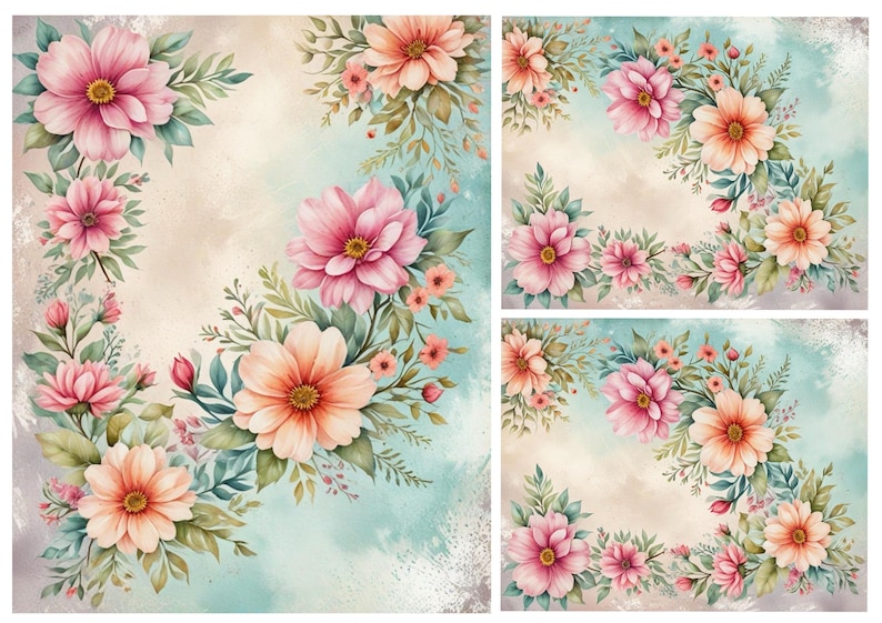 May include: A digital collage featuring a watercolor floral design with pink and peach flowers, green leaves, and a light blue background. The design is repeated in four different sizes, creating a pattern.