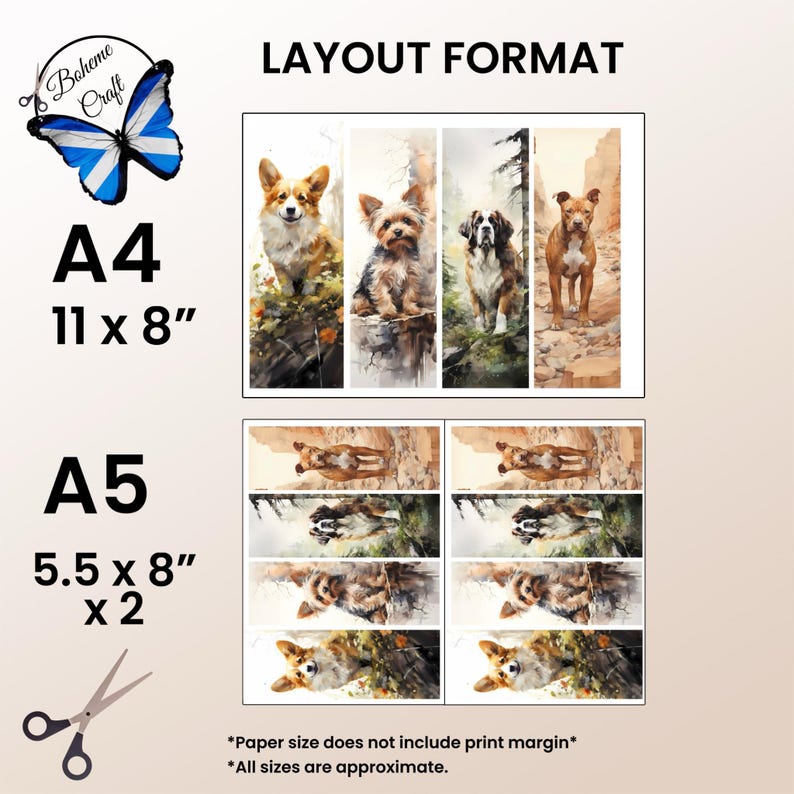 Puede incluir: Una hoja de formato de dise&ntilde;o digital con ilustraciones de perros al estilo acuarela. La secci&oacute;n A4 muestra cuatro retratos de perros verticales, mientras que la secci&oacute;n A5 muestra ocho im&aacute;genes de perros horizontales m&aacute;s peque&ntilde;as. El texto incluye Boheme Craft, LAYOUT FORMAT, A4 11 x 8", A5 5.5 x 8" x 2 y notas sobre el tama&ntilde;o del papel.