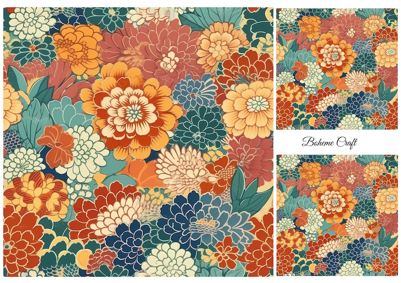 May include: A fabric pattern featuring a dense arrangement of chrysanthemums in shades of orange, red, cream, and teal blue. The design includes overlapping petals and leaves, with the text Boheme Craft printed in black on a white background.