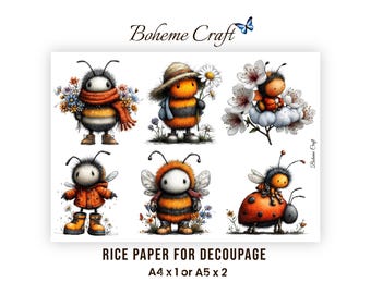 May include: A sheet of rice paper for decoupage featuring six illustrations of anthropomorphic bees. The text Boheme Craft, Rice Paper for Decoupage, and A4 x 1 or A5 x 2 are printed on the sheet. The bees are depicted with various accessories including scarves, hats, rain boots, and flowers.