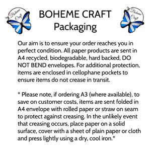 May include: A white informational sign titled BOHEME CRAFT Packaging with blue and white butterfly graphics. The text details shipping methods for paper products, including the use of A4 hard-backed envelopes, cellophane pockets, and folding instructions.