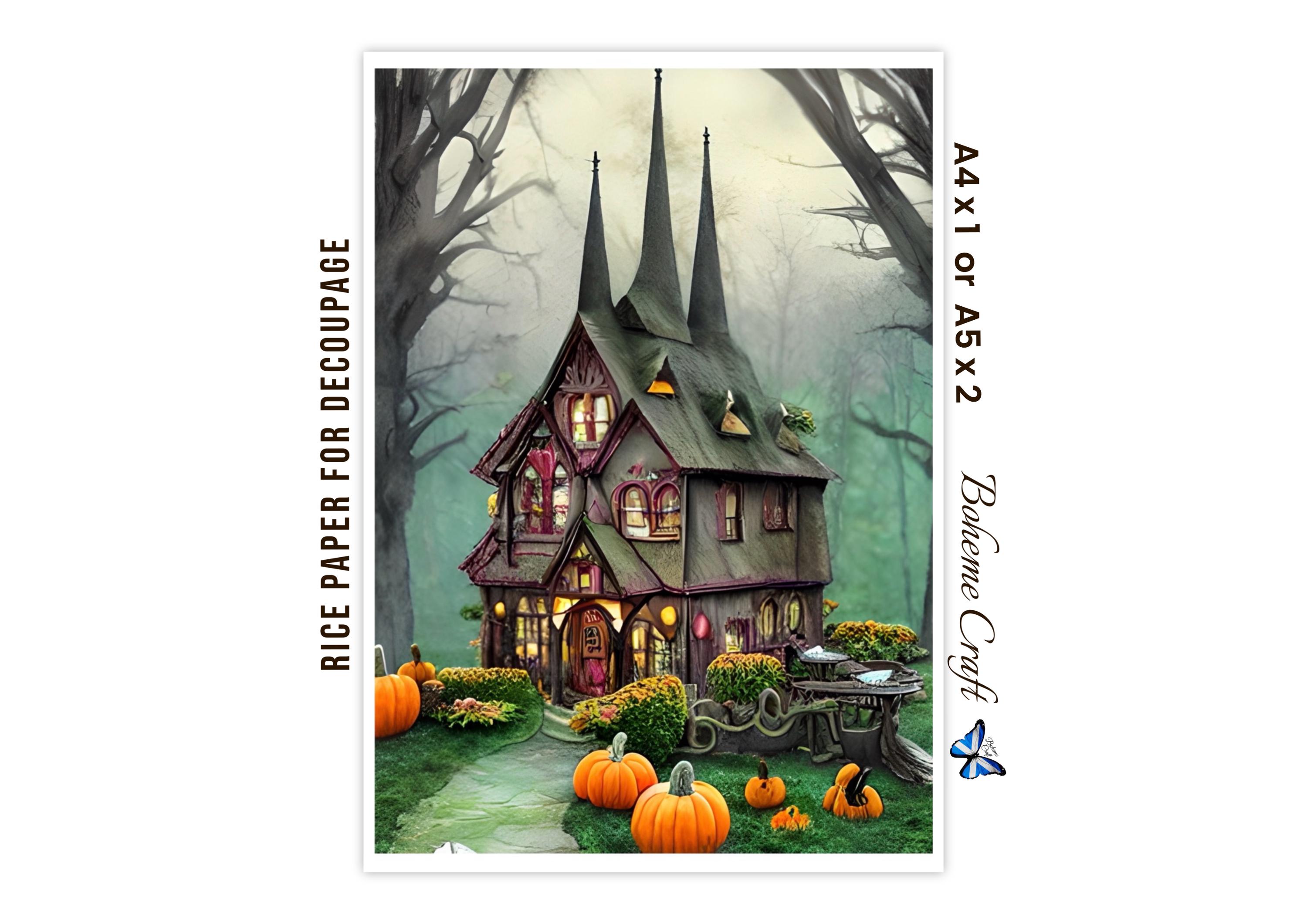 Papier ryżowy z motywem nawiedzonego domu do decoupage'u na Halloween, z motywem mrocznego lasu, z morwą dekoracyjną