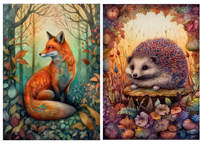 May include: Two side-by-side illustrations featuring woodland animals. The left shows an orange fox with teal patterns in a forest. The right shows a hedgehog with multicolored spines perched on a tree stump surrounded by autumn leaves.