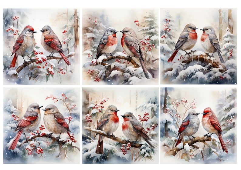 May include: A set of six watercolor illustrations featuring pairs of birds perched on snow-covered branches with red berries. Each square panel depicts different bird species in a winter forest setting with soft white, gray, and red tones.