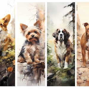 Puede incluir: Un conjunto de cuatro ilustraciones verticales en acuarela que muestran a un Corgi en un campo de flores, un Yorkshire Terrier sobre una roca, un San Bernardo en un bosque y un Pit Bull marr&oacute;n en un sendero rocoso, con trazos suaves.