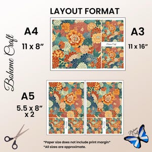 May include: A layout format guide for Boheme Craft featuring floral patterns in orange, blue, and cream. It displays A4 11 x 8 inches, A3 11 x 16 inches, and A5 5.5 x 8 inches sizes. Includes a pair of scissors icon and a blue and white butterfly graphic.
