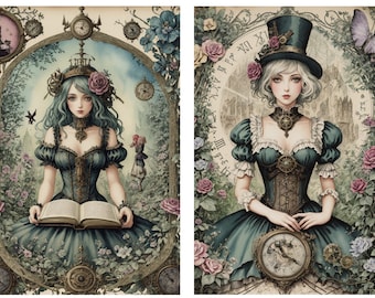 Steampunk Alice voor decoupage, tijdschriften, scrapbooking, kaarten maken, decoratief papier ambachten, decor Alice,