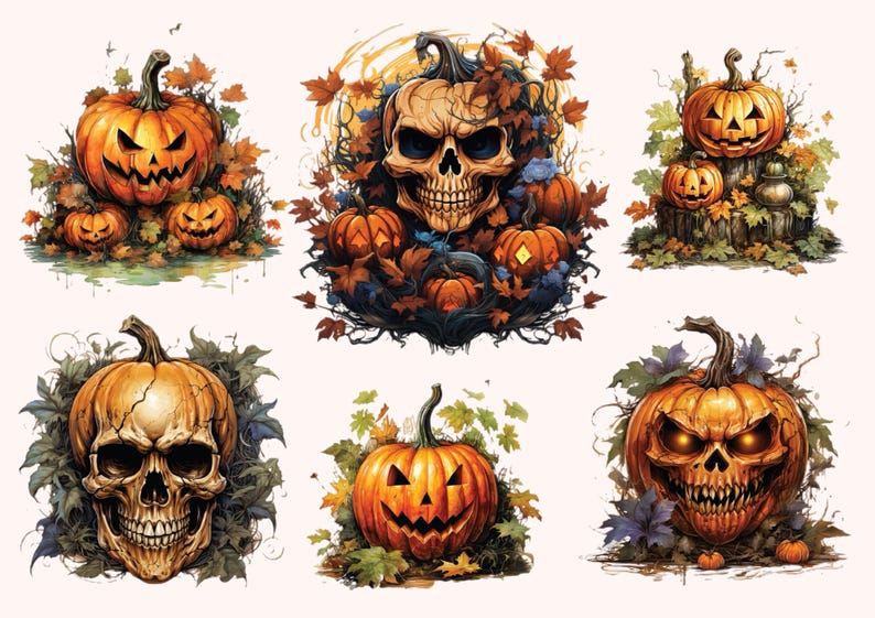 May include: A collection of Halloween-themed illustrations featuring carved pumpkins and skulls. The pumpkins are orange with carved faces, surrounded by autumn leaves. Some images include skulls with pumpkins and leaves, creating a spooky and festive atmosphere.