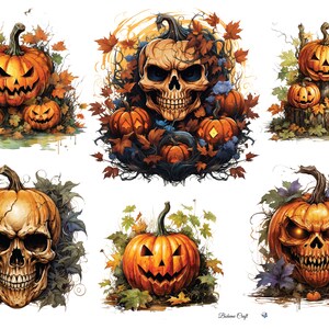 May include: Watercolor illustrations of Halloween-themed pumpkins and skulls. The pumpkins are carved with menacing faces and surrounded by autumn leaves. The artwork has a spooky, festive vibe, perfect for Halloween.