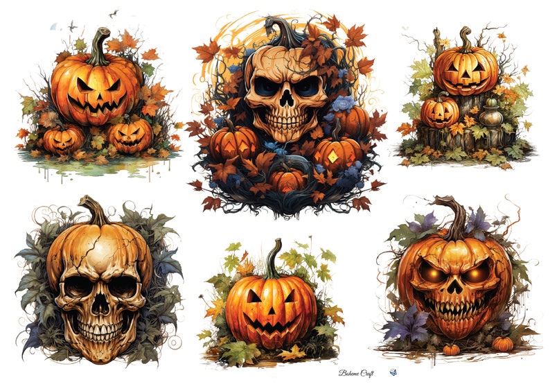 May include: Watercolor illustrations of Halloween-themed pumpkins and skulls. The pumpkins are carved with menacing faces and surrounded by autumn leaves. The artwork has a spooky, festive vibe, perfect for Halloween.