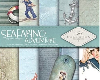May include: A set of nautical-themed scrapbook papers and tags. The design includes illustrations of sailors, anchors, lighthouses, and vintage beach scenes. The words "SEAFARING ADVENTURE" are displayed on the teal banner. The paper size is 21.0 x 29.7 cm.