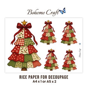 May include: A sheet of rice paper for decoupage featuring five Christmas tree illustrations with patchwork patterns in red, green, and white. Each tree is topped with a gold star and a red bow. The text reads Boheme Craft, Rice Paper for Decoupage, A4 x 1 or A5 x 2.