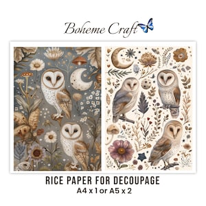 Op de afbeelding: Twee vellen rijstpapier voor decoupage met illustraties van uilen, manen en bloemen. Het linker vel heeft een donkergrijze achtergrond, het rechter vel is crème. Tekst: Boheme Craft, Rice Paper for Decoupage, A4 x 1 of A5 x 2.