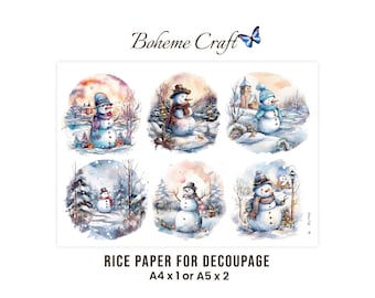 Christmas Snowman Rice Paper For Decoupage, Winter Village Art For DIY Crafts, Card Making